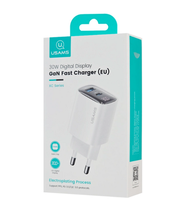 USAMS  CC229  sieťová nabíjačka GaN LED 30W PD 3.0/ QC 3.0 USB-A/USB-C biela