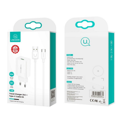 USAMS T48 Sieťová Nabíjačka 18W 3.0 + kábel USB typu C biely 