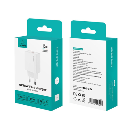 USAMS T69 nabíjačka 18W QC3.0, USB 2.1, biela