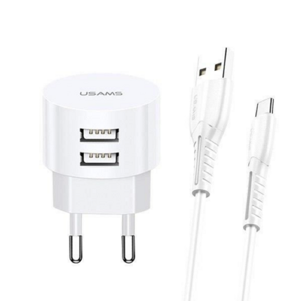 USAMS T20 okrúhla sieťová nabíjačka 2xUSB 2.1A + Type-C kábel 1m   