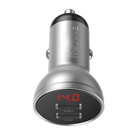 Baseus autós töltő 2x USB 4,8A 24W s LCD ezüst