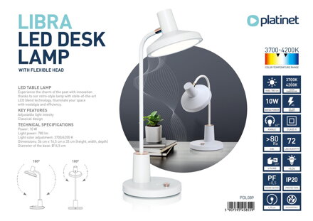 Platinet LIBRA stolná lampa LED 10W, 780LM AC, biela