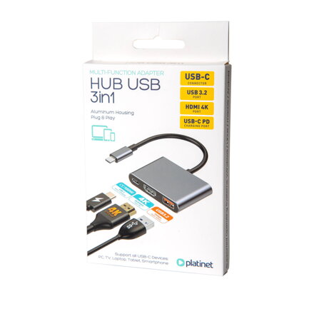 Platinet USB elosztó 3in1 USB-C 3.2 Gen2 HDMI 4K USB-A 3.2 USB-C PD 100W