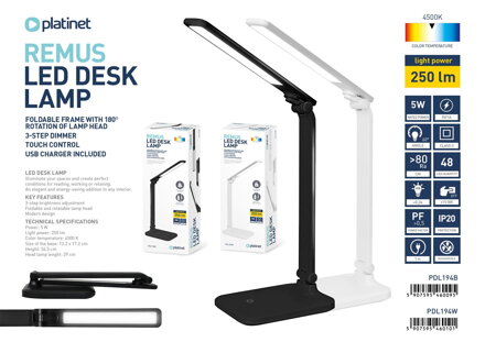 Platinet REMUS stolná lampa s adaptérom LED 5W, čierna