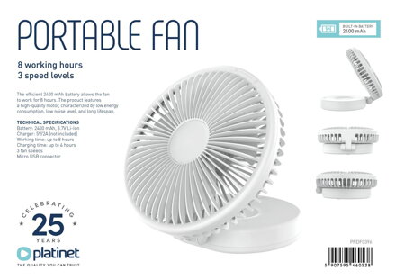 PLATINET nabíjací prenosný ventilátor 2X1200mAh 