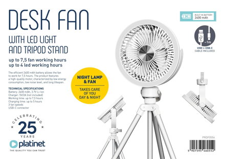 PLATINET nabíjací stolný ventilátor so stojanom a vstavaným LED svetlom 2X1200mAh 