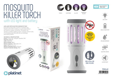 Platinet 2 az 1-ben szúnyogirtó LED lámpa 6W 60LM 1800mAh 