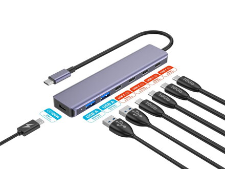 Platinet USB-C HUB 7v1, 4× USB-C 3.2 Gen2 + 2× USB-A 3.2 Gen1 + 1× USB-C PD 100W