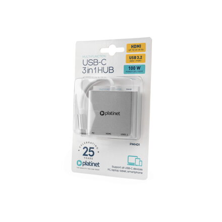 Platinet USB-C HUB 3v1 3.2 Gen1 HDMI 4K, USB-A 3.2, USB-C PD 100W