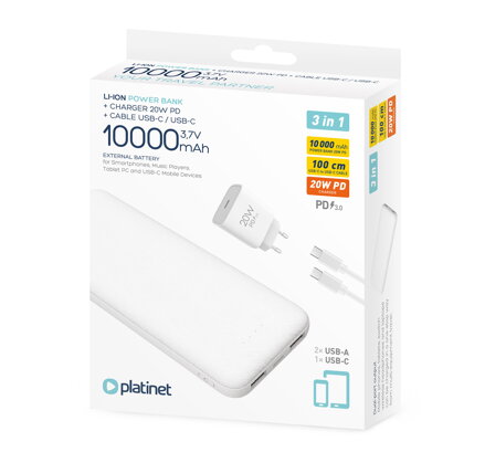Platinet 3in1 set power banka 10000 mAh + 20W PD 3.0 nabíjačka + 1m Type-C Type-C kábel 