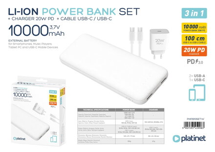 Platinet 3in1 set power banka 10000 mAh + 20W PD 3.0 nabíjačka + 1m Type-C Type-C kábel 