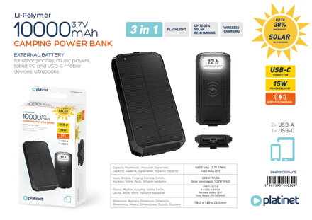 Platinet 3in1 set power banka 10000 mAh solarny panel + bezdrôtová nabíjačka 15W 2x USB-A