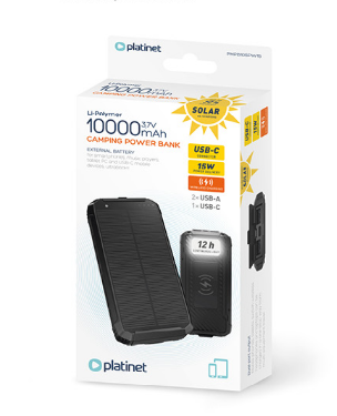 Platinet 3in1 set power banka 10000 mAh solarny panel + bezdrôtová nabíjačka 15W 2x USB-A