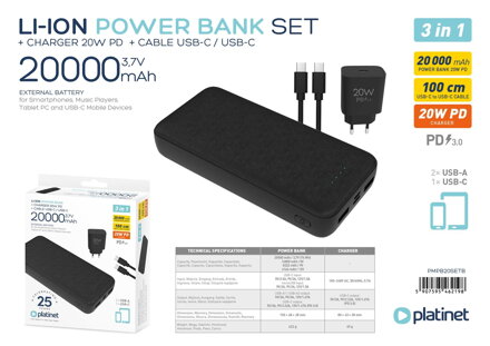 Platinet 3in1 set power banka 20000 mAh + 20W PD 3.0 nabíjačka + 1m Type-C Type-C kábel 