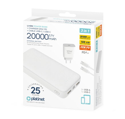 Platinet 3in1 set power banka 20000 mAh + 20W PD 3.0 nabíjačka + 1m Type-C Type-C kábel 