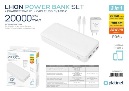 Platinet 3in1 set power banka 20000 mAh + 20W PD 3.0 nabíjačka + 1m Type-C Type-C kábel 
