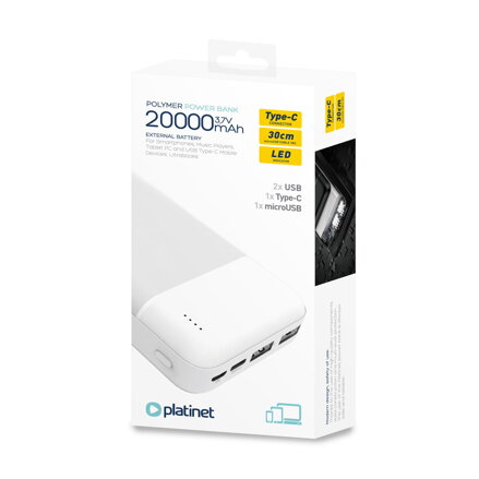 Powerbank 20000 mAh MicroUSB, Type-C Fehér