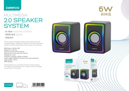  OMEGA reproduktor 2.0 6W [2x3W] RMS RGB USB 3,5 mm audio Čierny 