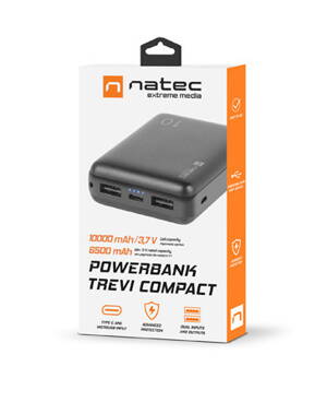 NATEC Trevi Compact powerbank 10000mAh, black  2x USB-A 1x USB-C 