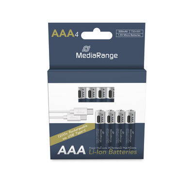 MediaRange AAA újratölthető lítium-ion akkumulátorok USB-C, 1,5 V  500 mAh, 4db