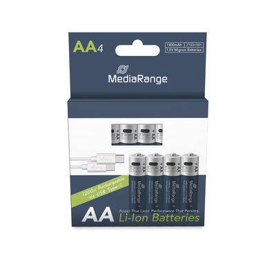 MediaRange AA újratölthető lítium-ion akkumulátorok USB-C, 1,5 V 1400 mAh