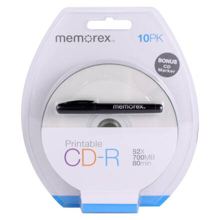 MEMOREX CD-R 52X 700MB WHITE INK PRINTABLE 10PK BLISTER + MARKER PEN