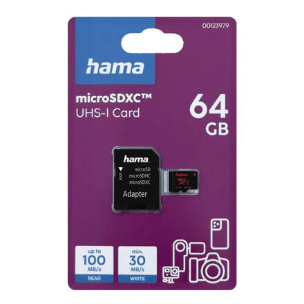 HAMA microSDXC 64 GB Class 10 UHS-I U3 V30, 100/30 MB/s + adpater