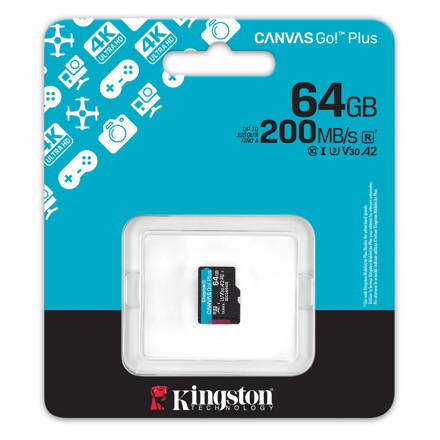 Kingston 64GB microSDXC Pamäťová karta Canvas Go! Plus UHS-I, U3, V30, A2 200/160MB/s
