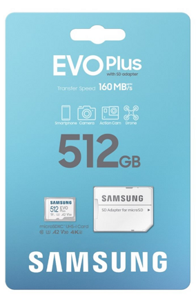 Samsung EVO Plus Micro SDXC 512GB + adapter UHS-I U3  Class 10 160 MB/s