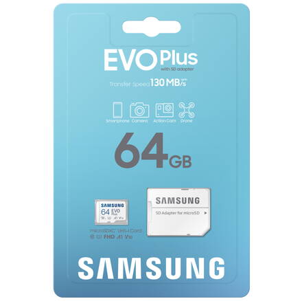 Samsung micro SDXC 64GB EVO Plus + adapter CLASS 10 UHS-I U3 A2 V30 (130 MB/s)