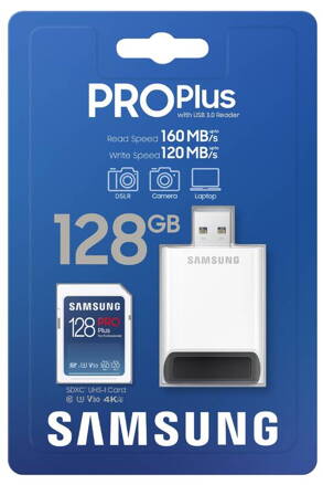 Samsung PRO Plus SDXC pamäťová karta 128 GB + USB adaptér 160R/120W