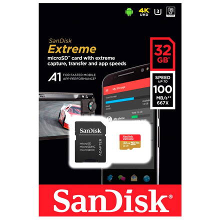 Sandisk Extreme 32GB microSDHC memóriakártya 100 MB/s UHS-I A1 Class 10 V30 + adapter