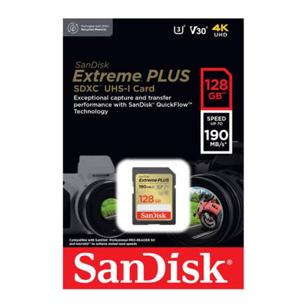 SanDisk Extreme PLUS SDXC 128 GB class 10  UHS-I U3 V30 190/90 MB/s 