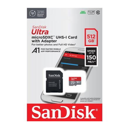 SanDisk Ultra 512GB microSDXC memóriakártya 150MB/s A1 Class 10 UHS-I + adapter