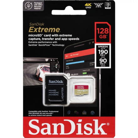Sandisk Extreme 128GB microSDXC memória kártya 190/90 MB/s, A2 C10 V30 UHS-I U3 + adapter