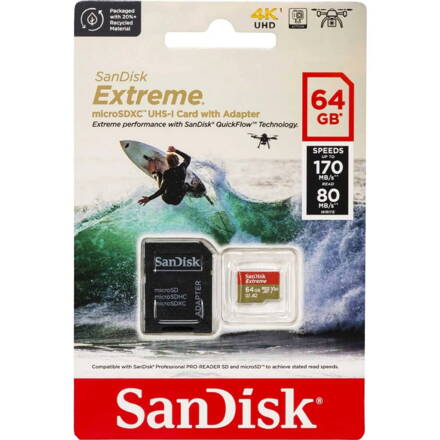 Sandisk Extreme 64GB microSDXC pamäťová karta 170/80 MB/s, A2 C10 V30 UHS-I U3 + adaptér