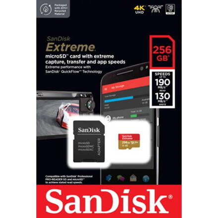 SanDisk Extreme 256GB microSDXC memóriakártya 190/130 MB/s A2 C10 V30 UHS-I U3 + adapter