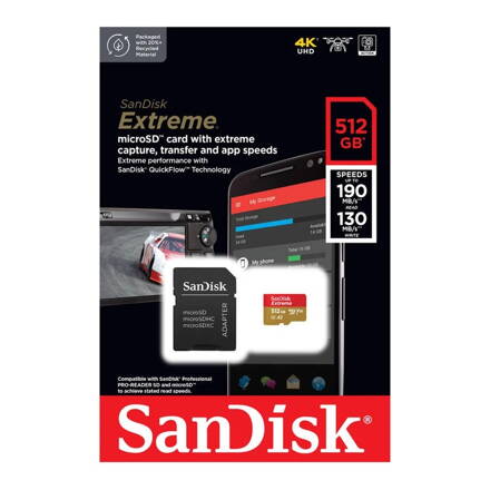  SanDisk Extreme 512GB microSDXC pamäťová karta 190/130 MB/sA2 C10 V30 UHS-I U3 + adaptér