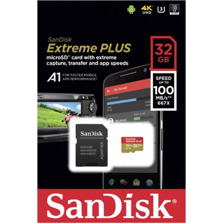 SANDISK Extreme Plus 32GB microSDHC pamäťová karta 100MB/s Class 10 UHS-I V30 + adapter