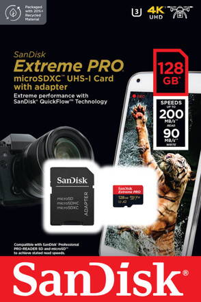 SANDISK EXTREME PRO MICRO SDXC 128GB + adapter CLASS 10 UHS-I U3 A2 V30 200/90 MB/s