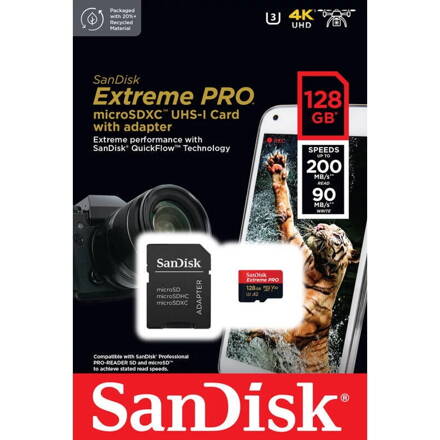 SANDISK Extreme PRO 128GB microSDXC pamäťová karta 200/90 MB/s A2 C10 V30 UHS-I U3 + adaptér