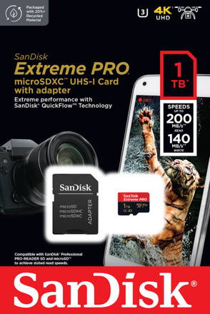 SANDISK EXTREME PRO MICRO SDXC 1TB + adapter CLASS 10 UHS-I U3 A2 V30 200/140 MB/s