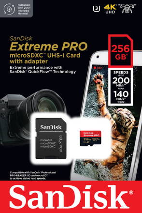 SANDISK EXTREME PRO MICRO SDXC 256GB + adapter CLASS 10 UHS-I U3 A2 V30 200/140 MB/s
