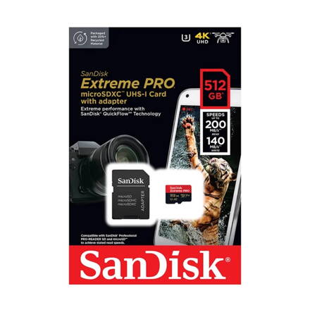 SANDISK EXTREME PRO 512GB microSDXC pamäťová karta 200/140 MB/s A2 C10 V30 UHS-I U3 + adapter 