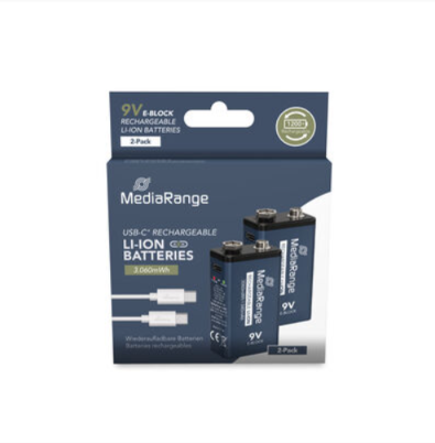 MediaRange 9V újratölthető lítium-ion akkumulátorok USB-C, 3060mWh I 340mAh, 2db