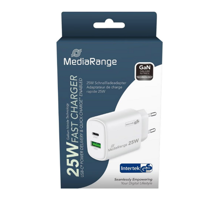 MediaRange 25W fast charger with USB-A and USB-C output, white
