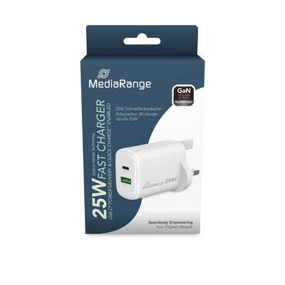 MediaRange 25W rýchla nabíjačka GaN (UK-Plug)with USB-A and USB-C output, white