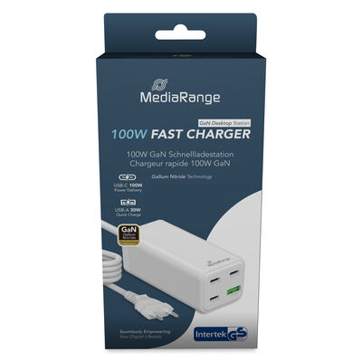 MediaRange 100W GaN gyorstöltő, 1,5m kábel, 3x USB-C és 1x USB-A, PD, QC fehér 