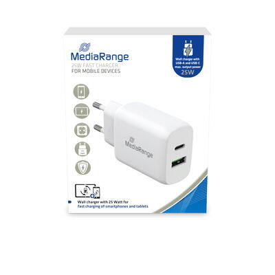 MediaRange 25W fast charger with USB-A and USB-C output, white