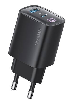 USAMS  CC229  sieťová nabíjačka GaN LED 30W PD 3.0/ QC 3.0 USB-A/USB-C čierna